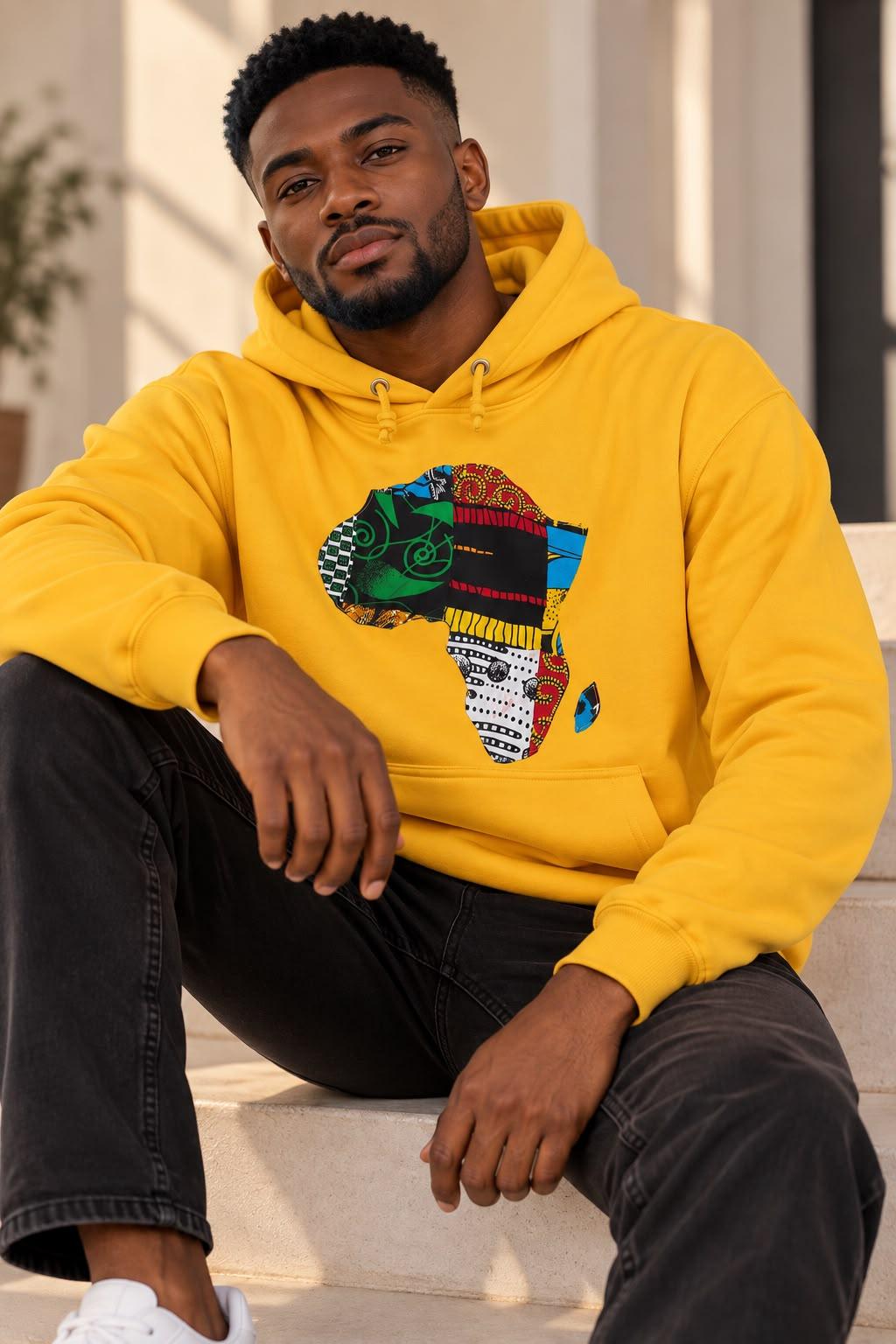 Man wearing the yellow African Heritage Print hoodie