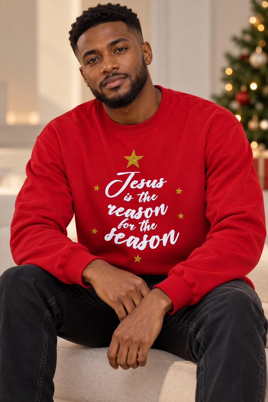 Man wearing the red 'Jesus is the reason for the season' Christmas jumper