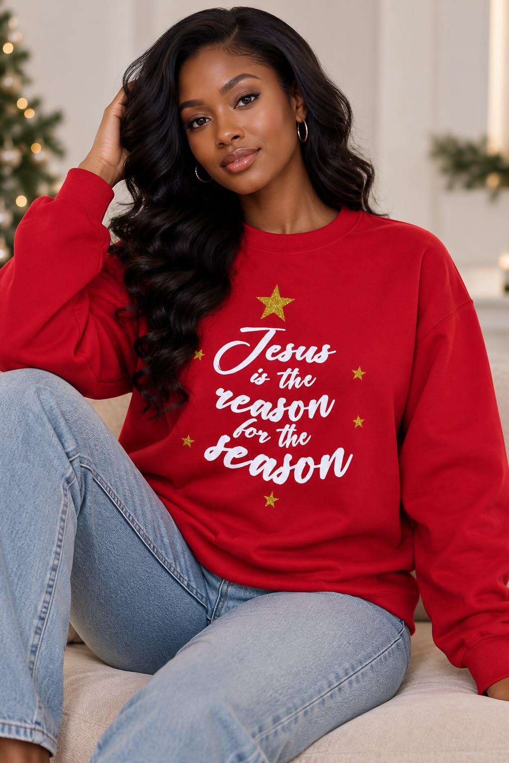 Woman wearing the red 'Jesus is the reason for the season' Christmas jumper