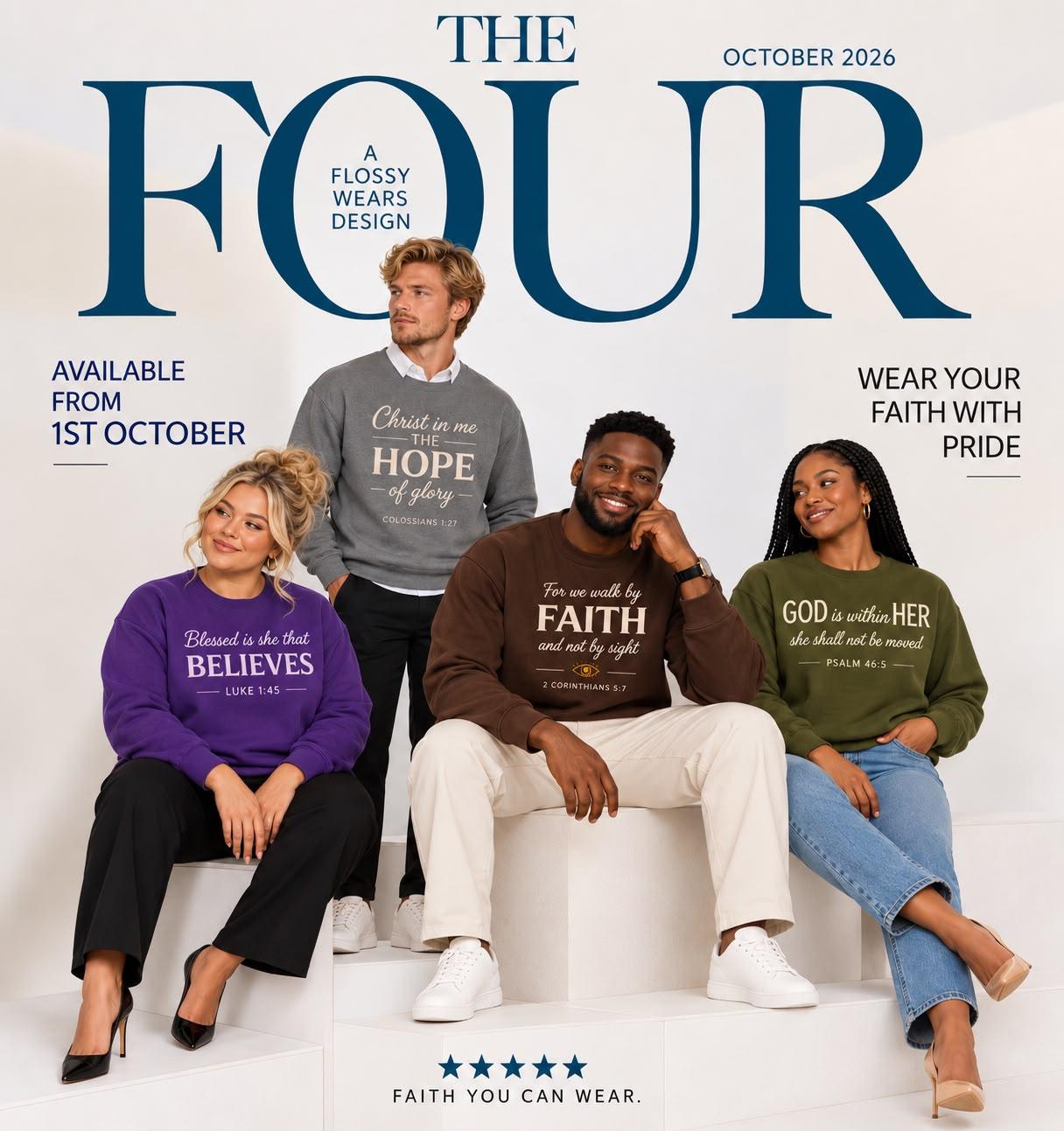 The Four campaign — four models wearing Flossy Wears scripture crewnecks