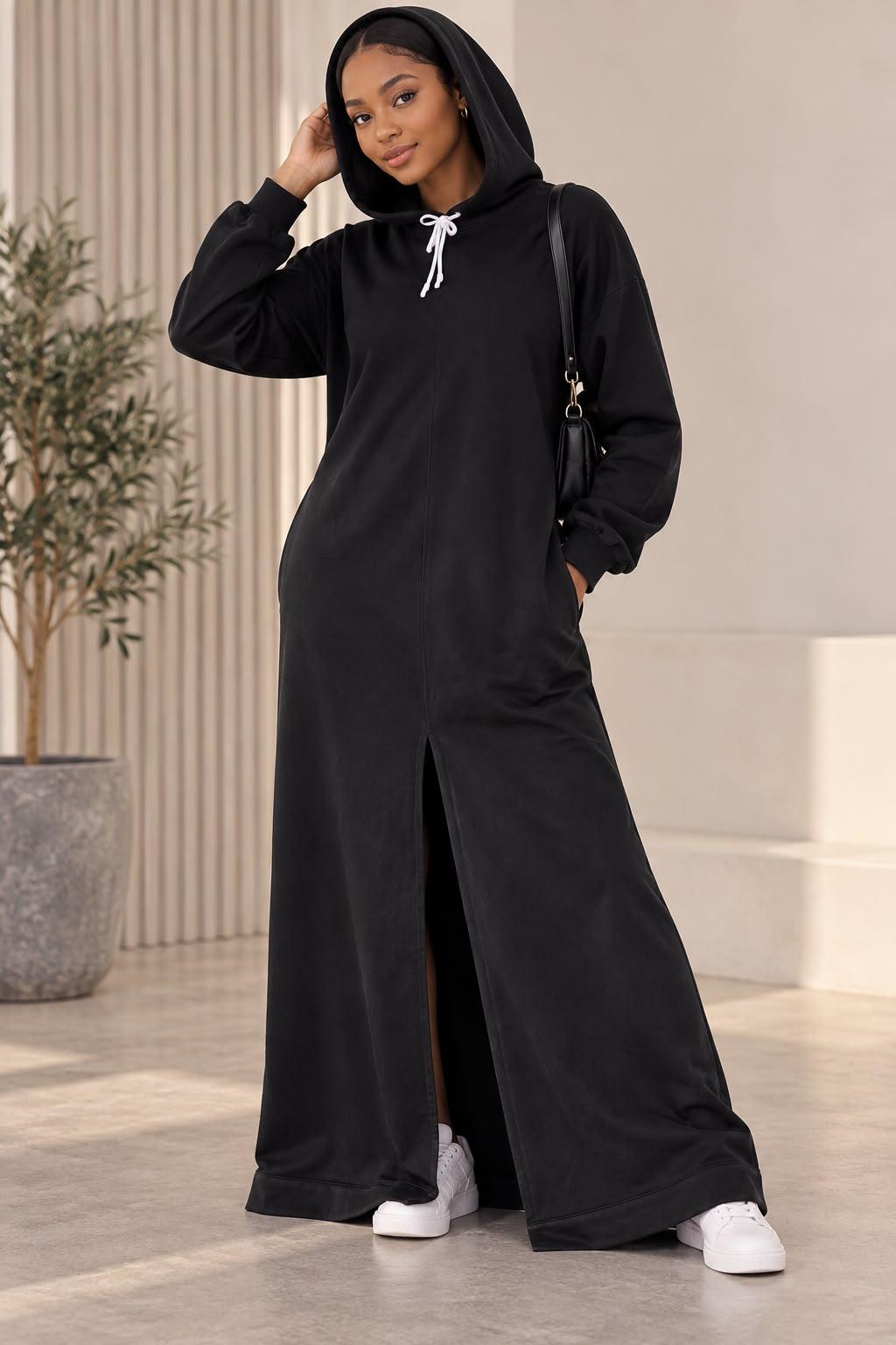 Woman wearing the black Hooded Maxi Dress