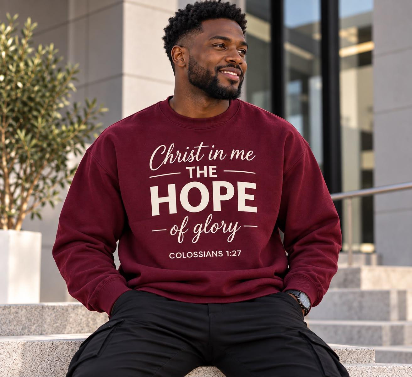 Man wearing the maroon Hope crewneck